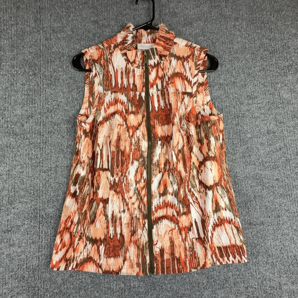Weekends By Chicos Vest Womens 0 Orange Geometric Print Zip Front Collared